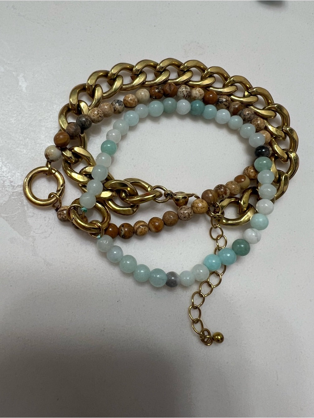 Gold Chain and Multi-Bead Stretch Bracelet Set - Aqua,White,Brown you get all 3!